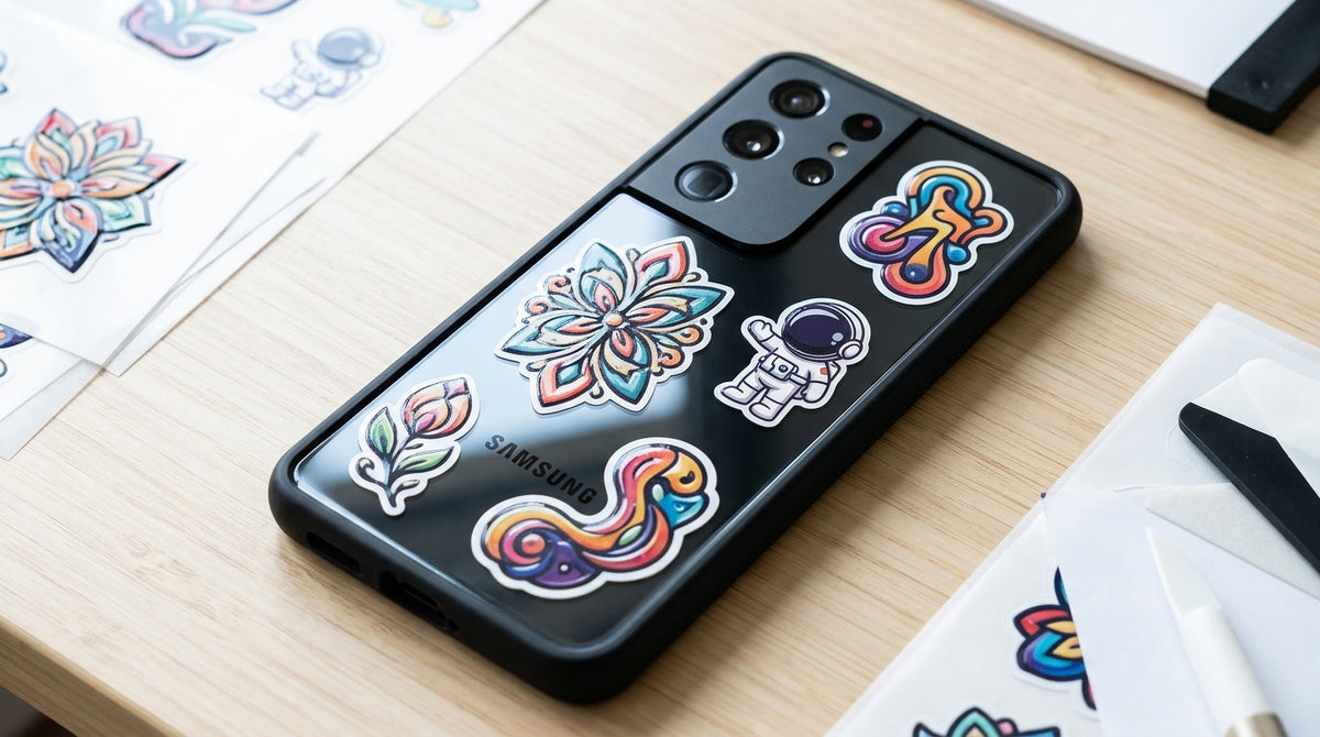 A black Samsung phone case decorated with colorful, whimsical stickers including a lotus flower, astronaut, and swirls, resting on a light wood desk surrounded by printed sticker sheets.