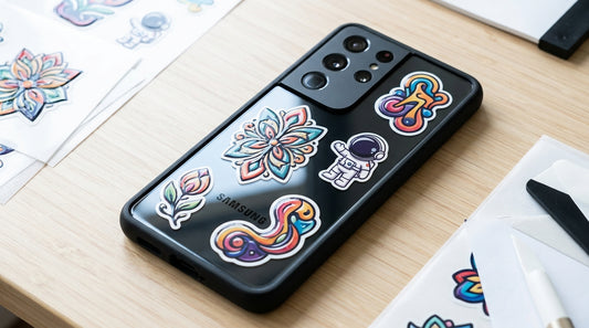 A black Samsung phone case decorated with colorful, whimsical stickers including a lotus flower, astronaut, and swirls, resting on a light wood desk surrounded by printed sticker sheets.